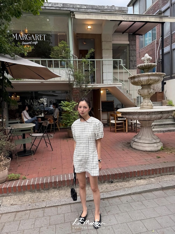 格紋氣質短澎袖洋裝